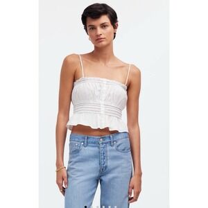 Madewell Smocked Button-Front Top Poplin Womens White Peasant ‎ Milkmaid Small